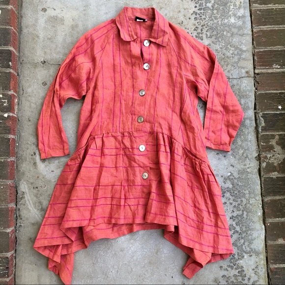 West Love Linen Top Jacket Dress Art To Wear Lagenlook Coral Orange S - Picture 2 of 6